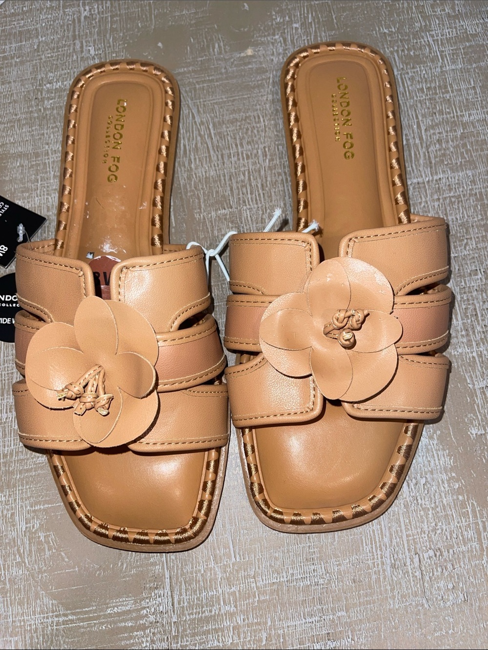 London Fog Tan Floral Slide Sandals with Decorative Flower